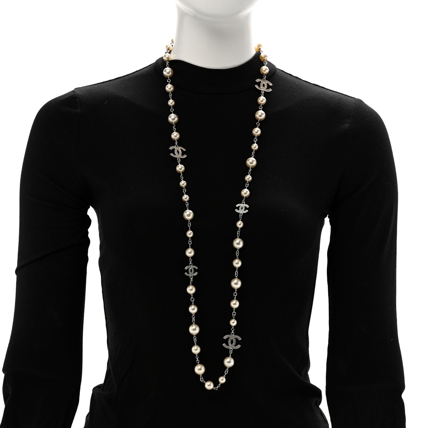 Graduated Pearl Crystal CC Long Necklace Silver