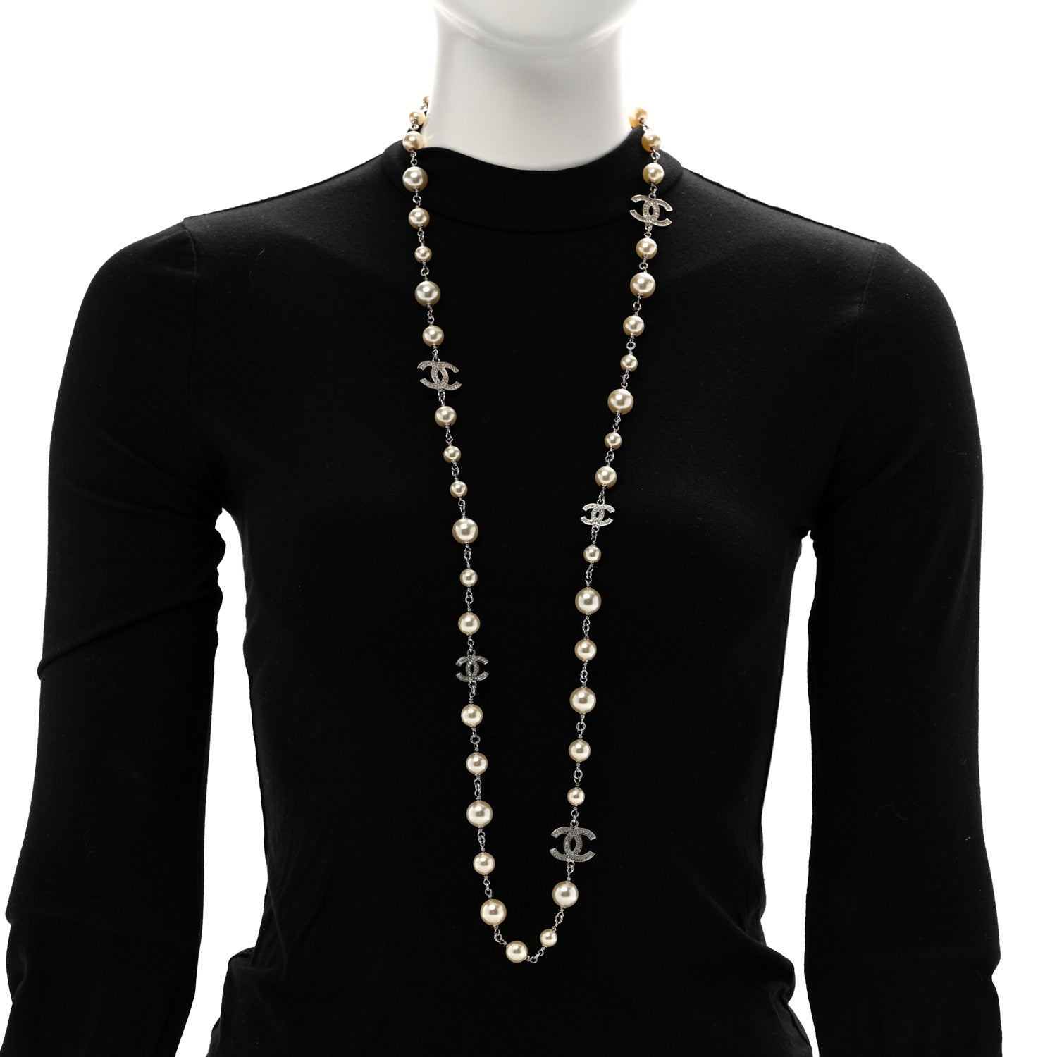 Chanel Graduated Pearl Crystal CC Long Necklace Silver 2 of 6