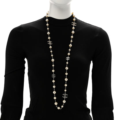 Chanel Graduated Pearl Crystal CC Long Necklace Silver 2 of 6