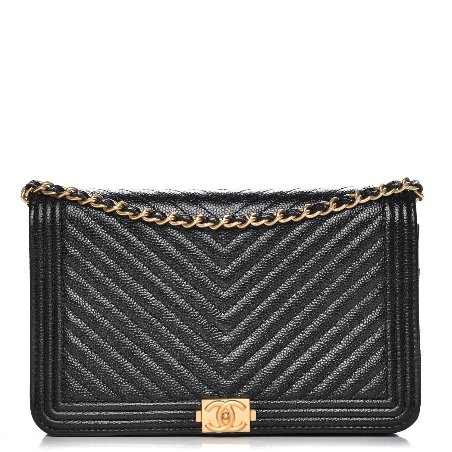 Chanel Caviar Chevron Quilted Boy Wallet On Chain WOC Black 1 of 9