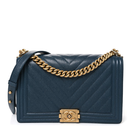 Chanel Caviar Chevron Quilted New Medium Boy Flap Blue 1 of 10