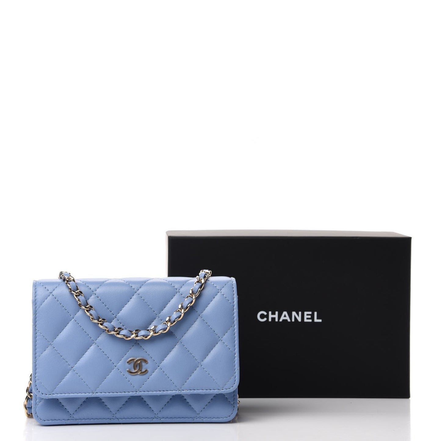 Lambskin Quilted Mini Wallet On Chain WOC Light Blue