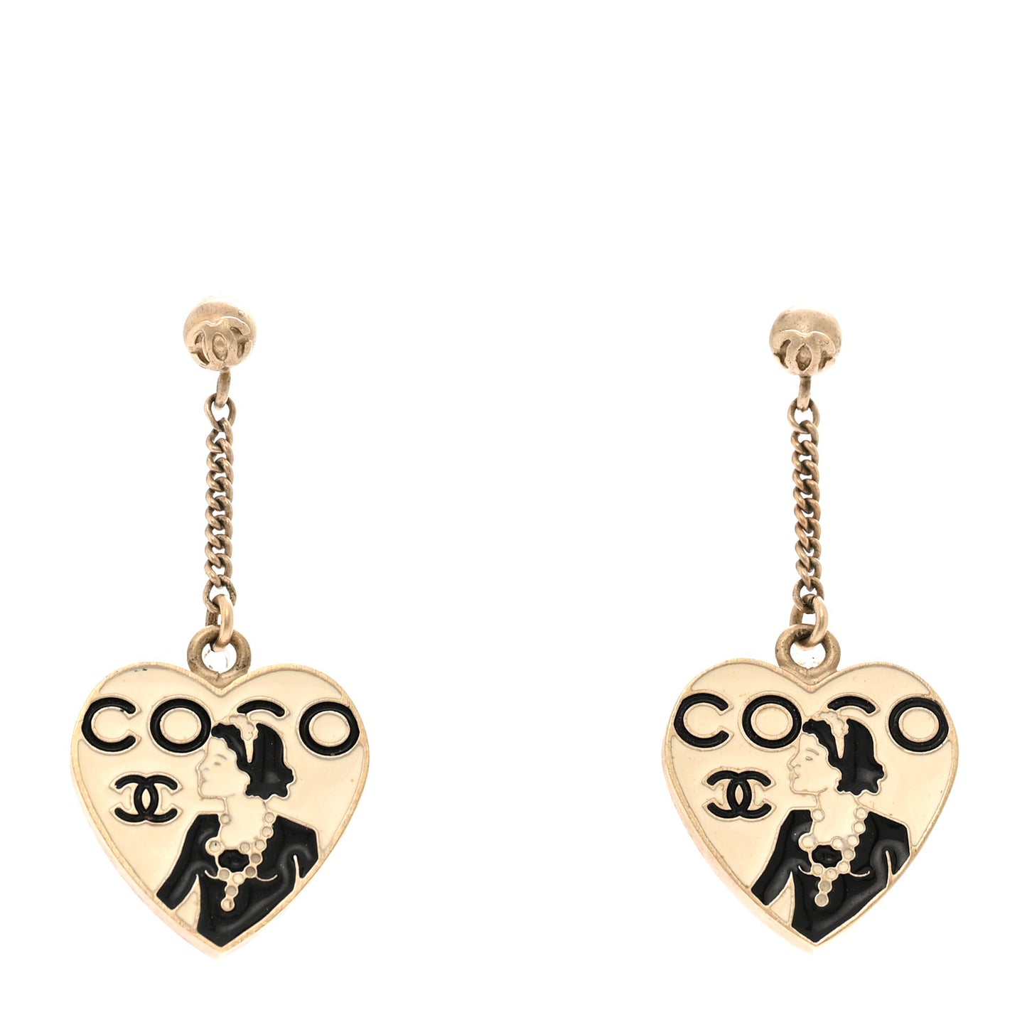 Enamel Coco Mademoiselle Heart Dangle Earrings Black Gold