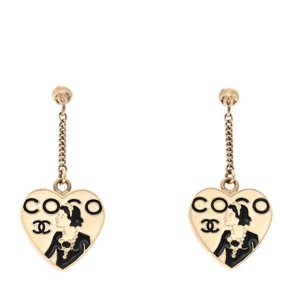 Chanel Enamel Coco Mademoiselle Heart Dangle Earrings Black Gold 1 of 5