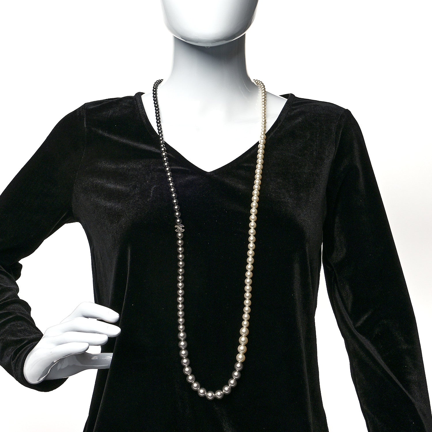 Chanel Graduated Pearl CC Long Necklace Ruthenium Grey Black 2 of 5
