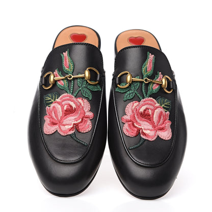 Gucci Calfskin Flower Embroidered Womens Princetown Slippers 38 Black 5 of 11