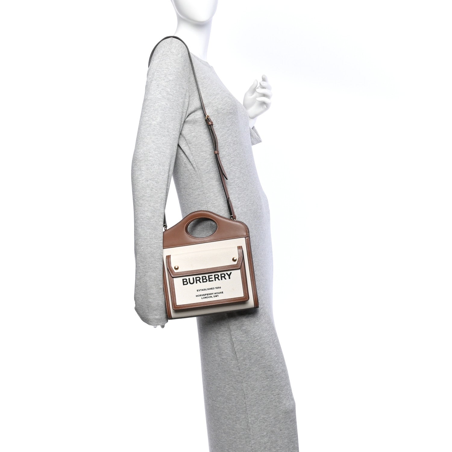 Burberry Canvas Smooth Calfskin Two Tone Mini Pocket Bag Natural Malt Brown 2 of 14