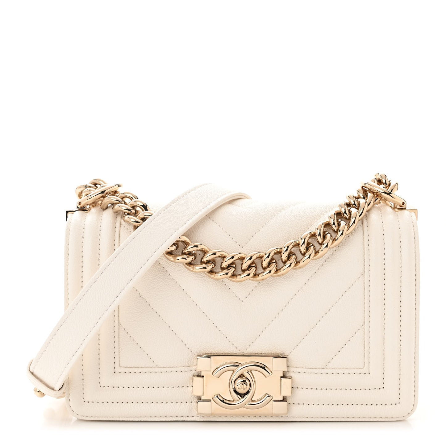 Caviar Chevron Quilted Small Boy Flap White