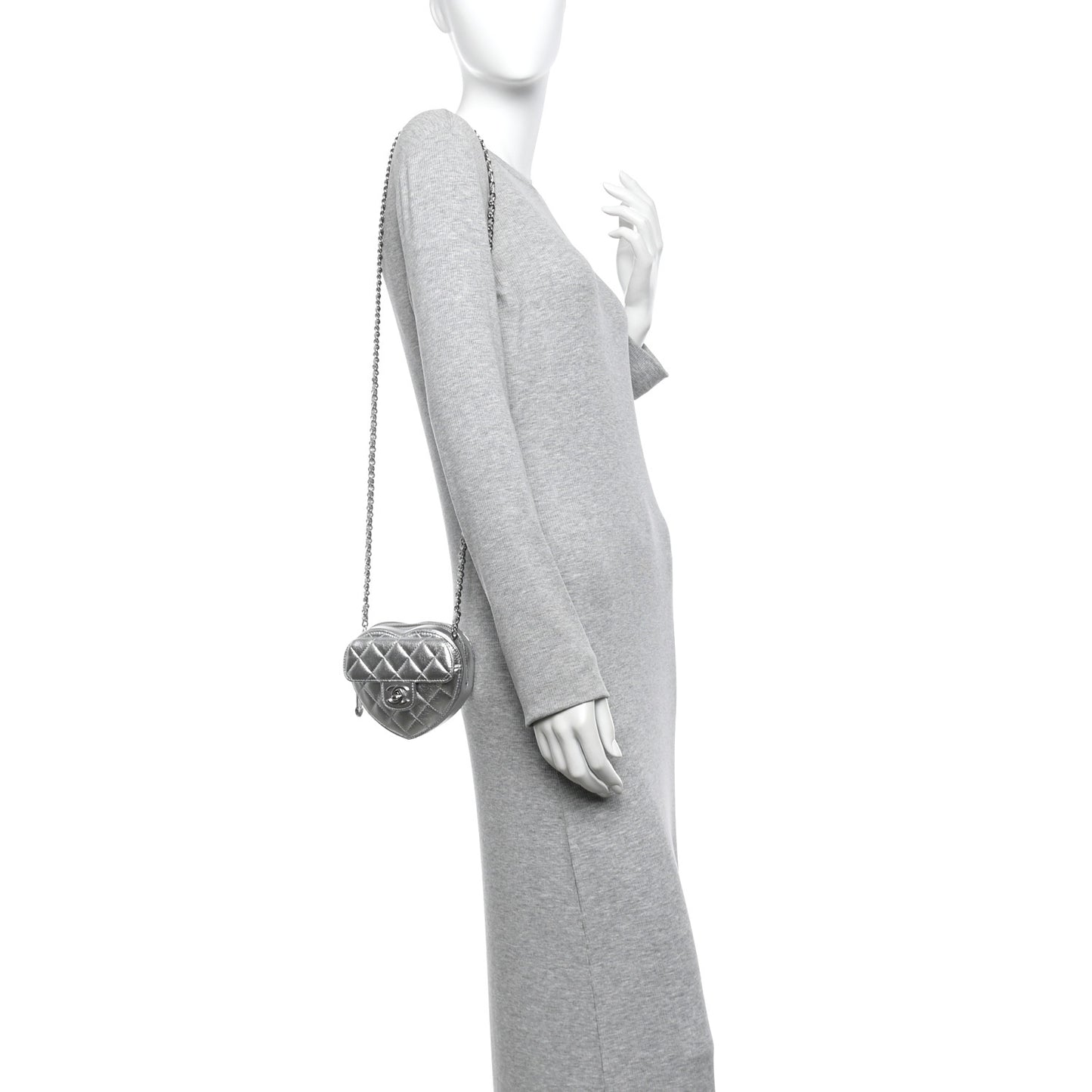 Metallic Lambskin Quilted CC In Love Heart Clutch With Chain Silver