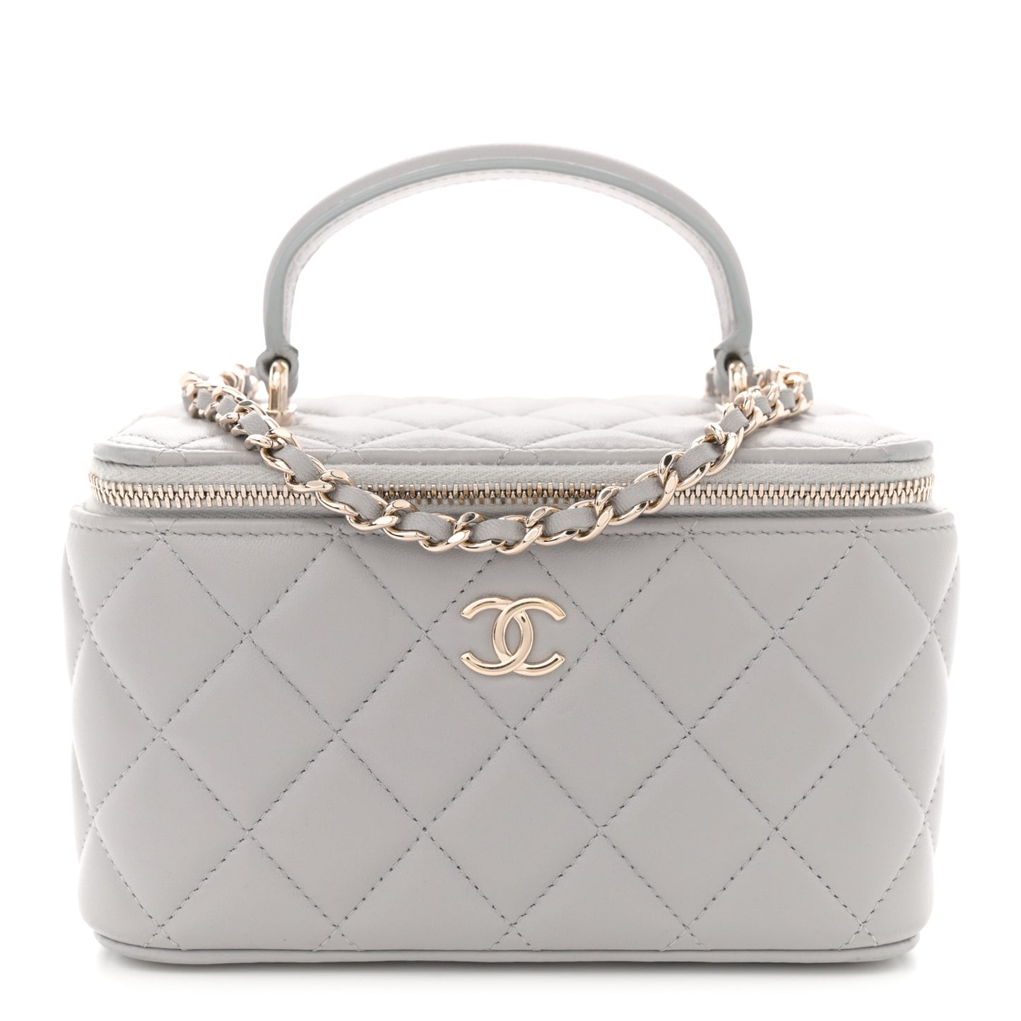 Lambskin Quilted Small Top Handle Vanity Case With Chain light Grey