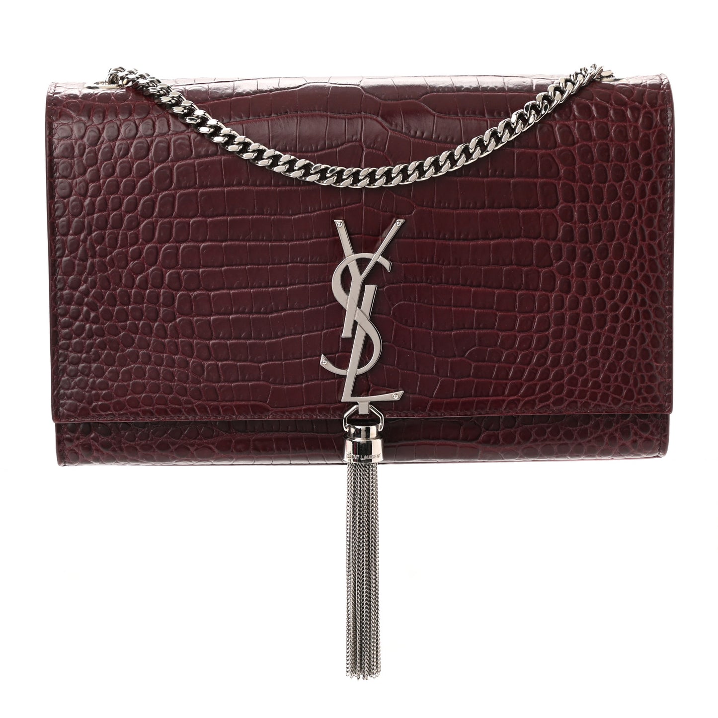 Calfskin Crocodile Embossed Medium Classic Monogram Kate Tassel Satchel Dark Red