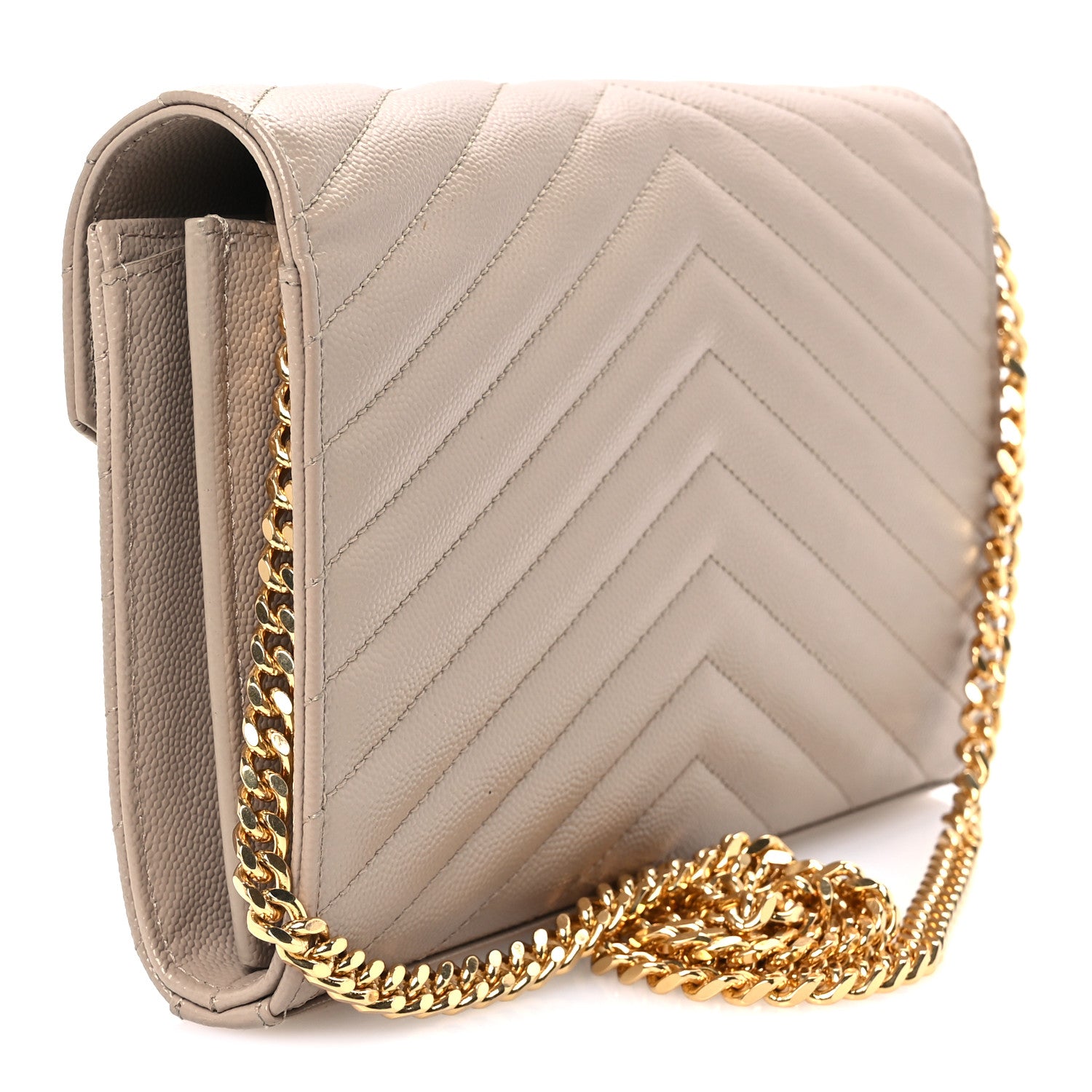 Saint Laurent Grain De Poudre Matelasse Chevron Monogram Chain Wallet Dark Beige 2 of 8
