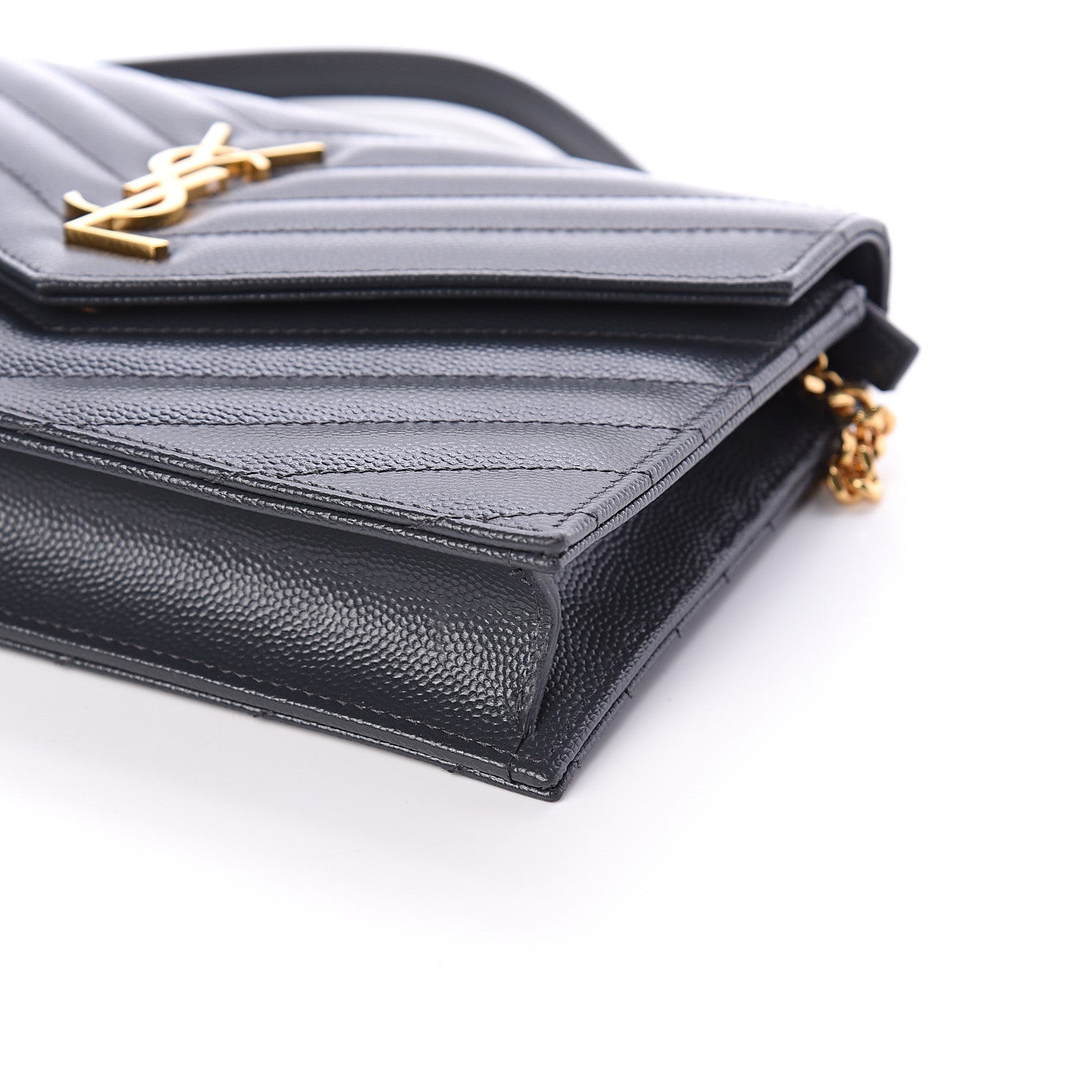 Saint Laurent Grain De Poudre Matelasse Chevron Monogram Envelope Chain Wallet Dark Smog 7 of 7