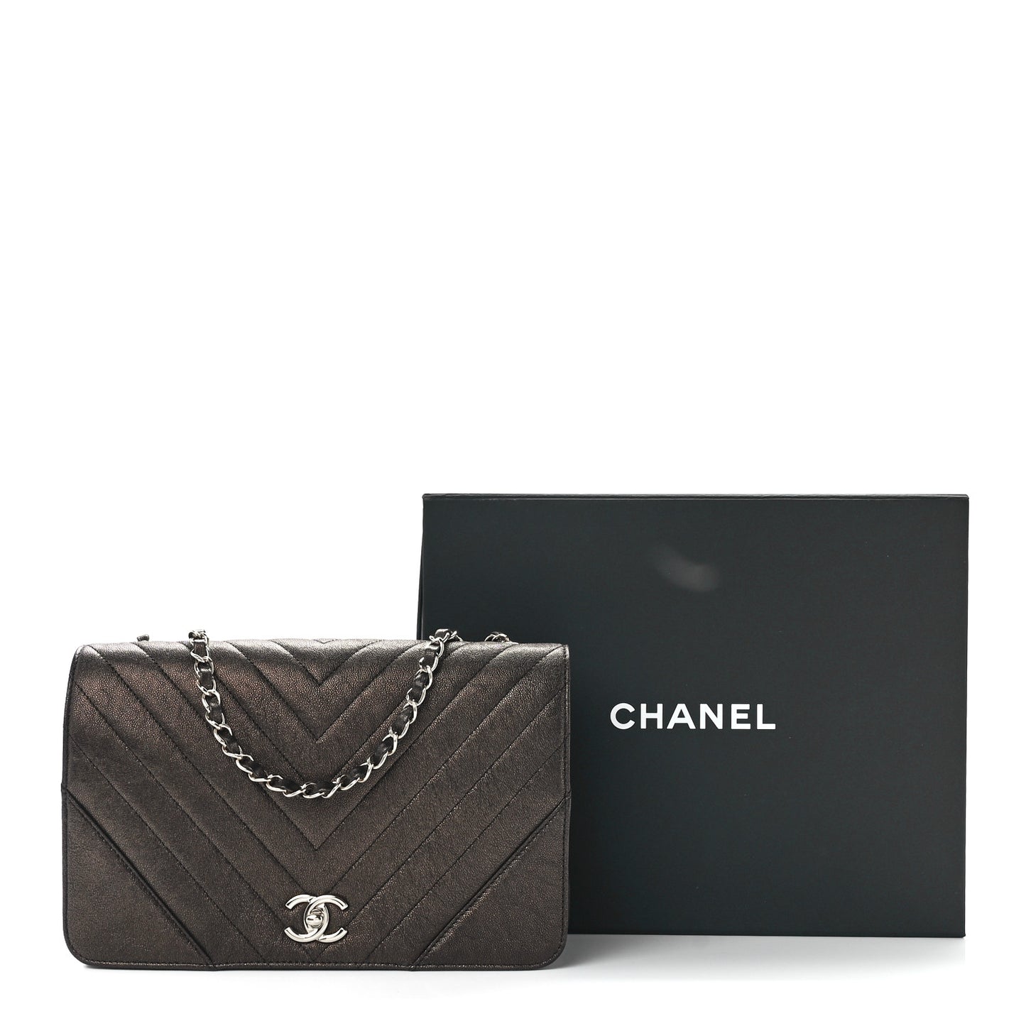 Metallic Caviar Chevron Quilted Medium Statement Flap Bronze