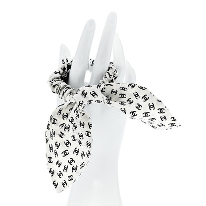 Chanel Silk Twill CC Scarf Hair Tie Black White 2 of 5