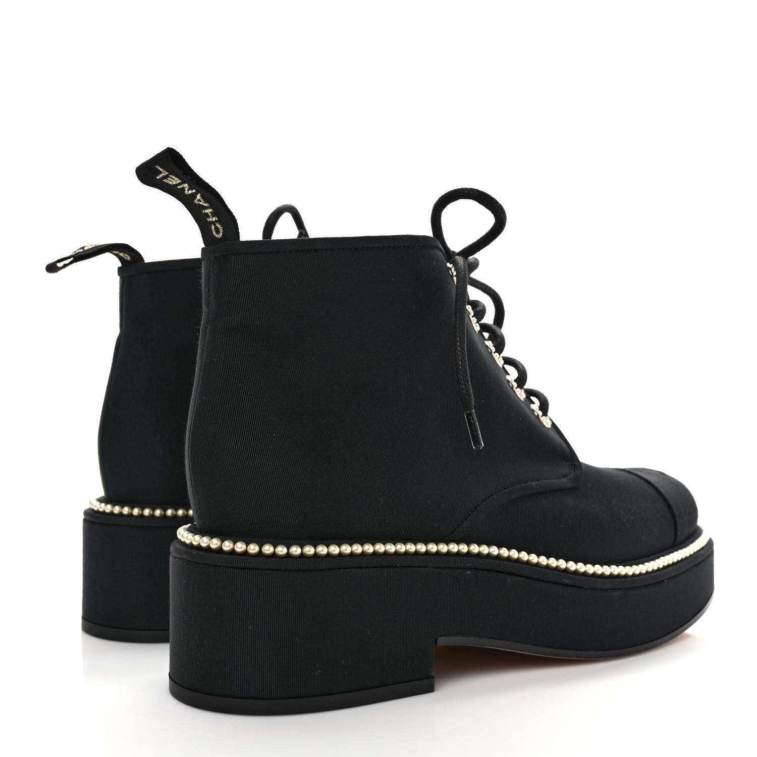 Chanel Grosgrain Pearl Lace Up CC Short Boots 40 Black 4 of 8