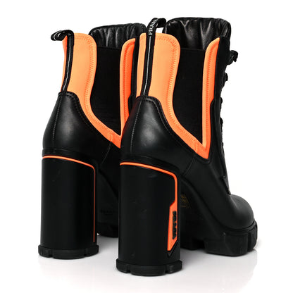 Prada Vitello Montana Neoprene Lace Up Chelsea 110mm Ankle Boots 39 Black Arancio 4 of 11