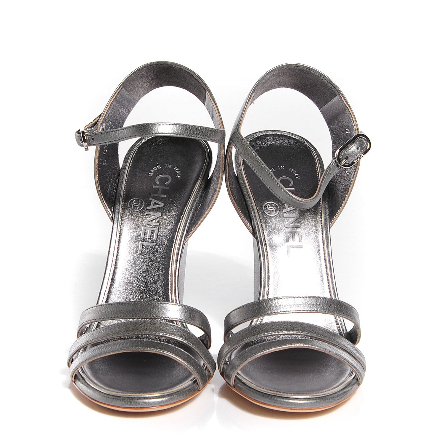 Chanel Metallic Calfskin Pearl Wedge Sandals 37.5 Dark Silver 2 of 8