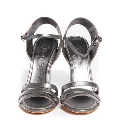 Chanel Metallic Calfskin Pearl Wedge Sandals 37.5 Dark Silver 2 of 8