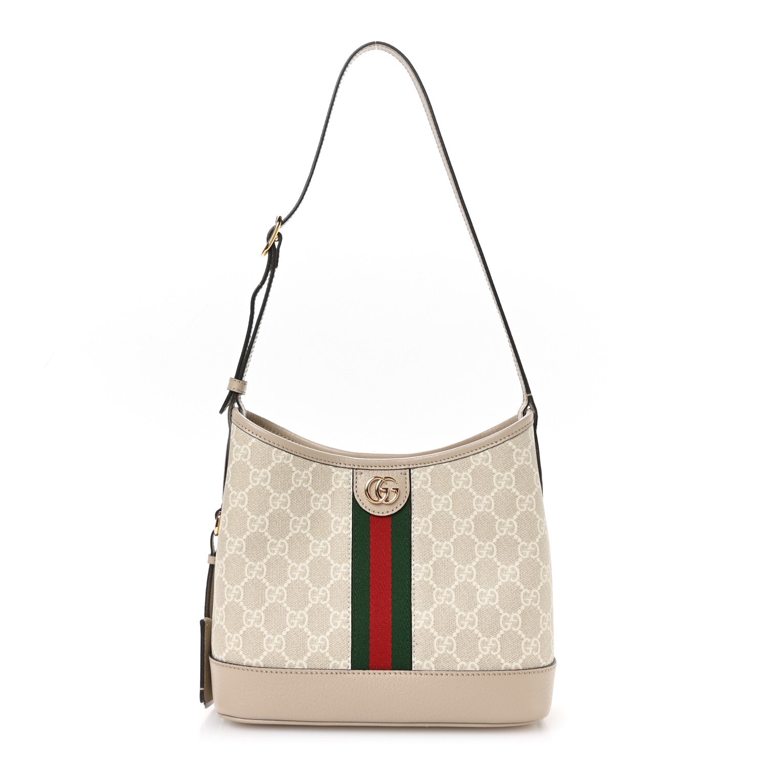 Gucci GG Supreme Monogram Textured Dollar Calfskin Web Small Ophidia Bucket Shoulder Bag Beige Mystic White Oatmeal 1 of 11