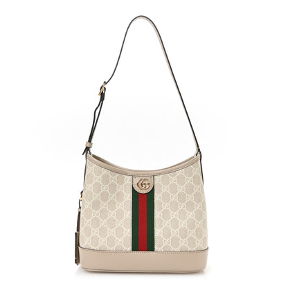 Gucci GG Supreme Monogram Textured Dollar Calfskin Web Small Ophidia Bucket Shoulder Bag Beige Mystic White Oatmeal 1 of 11