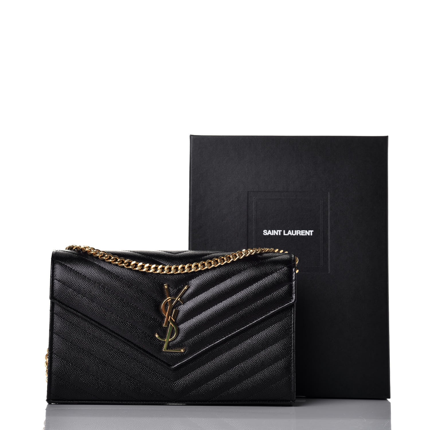 Saint Laurent Grain De Poudre Matelasse Chevron Medium Monogram Chain Wallet Black 9 of 9