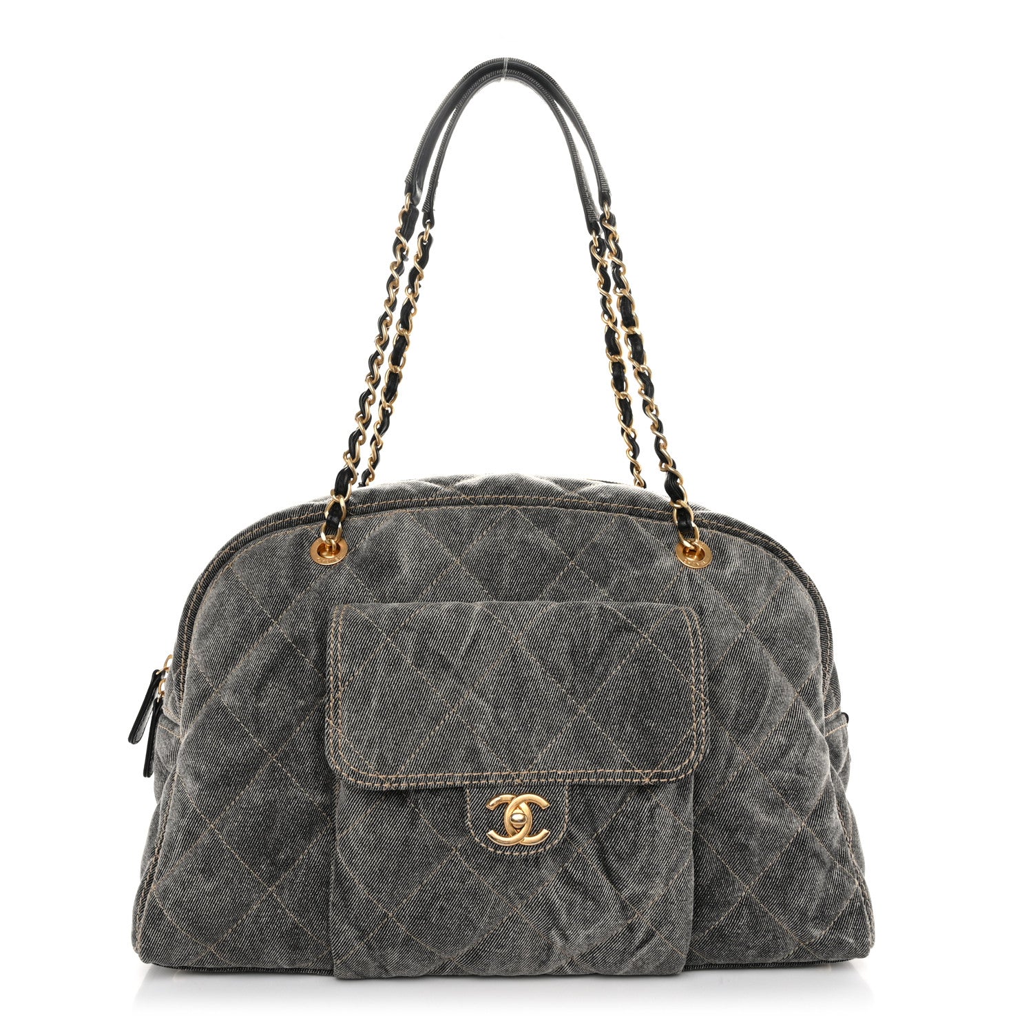 Chanel Washed Denim Quilted Bowling Bag Light Grey 1577127