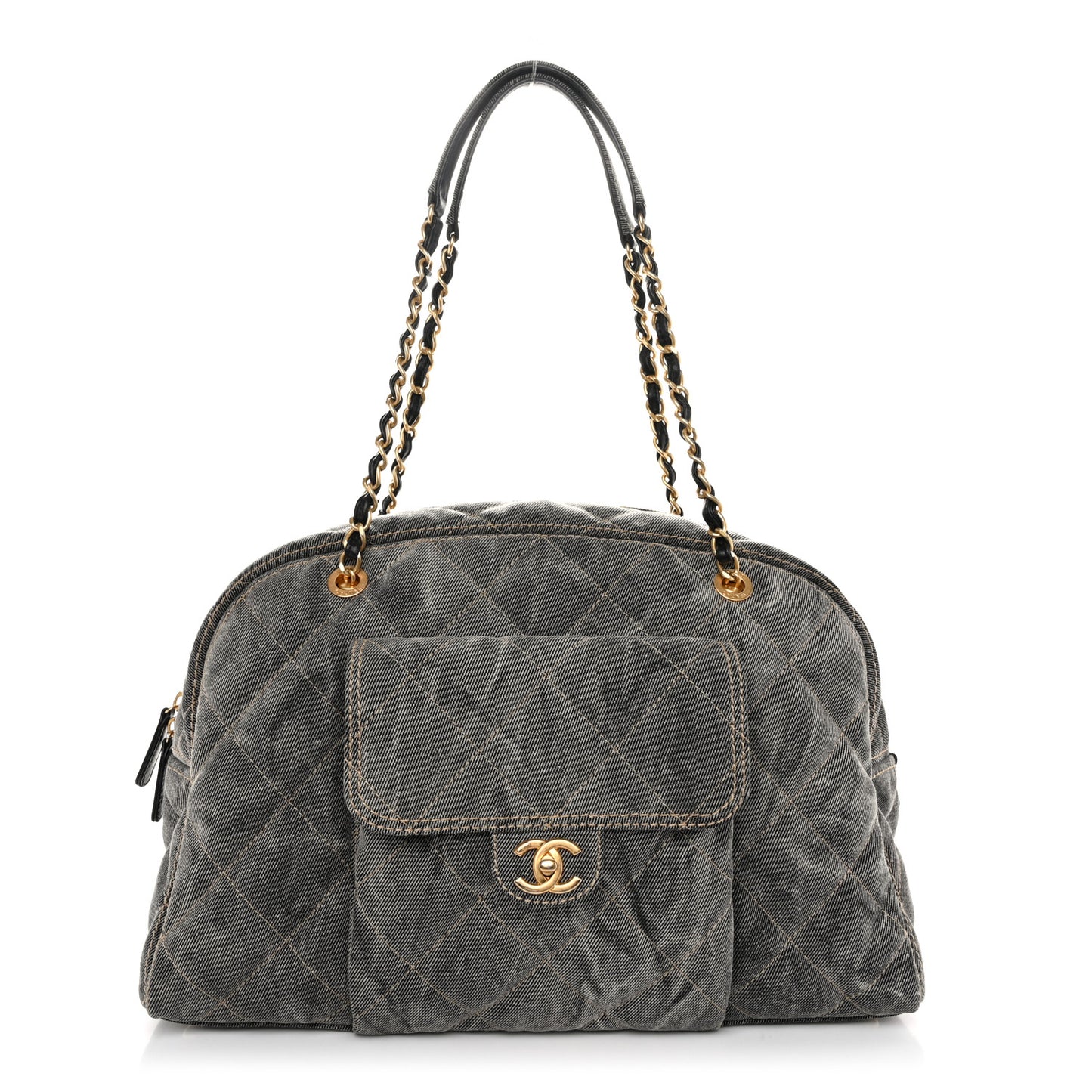 Washed Denim Quilted Bowling Bag Light Grey
