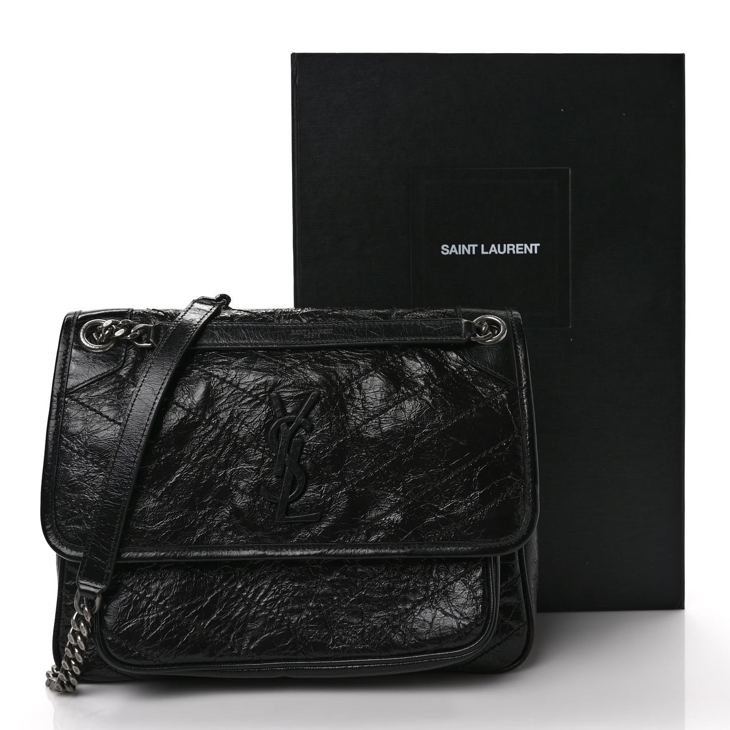 Crinkled Calfskin Matelasse Monogram Medium Niki Chain Satchel Black