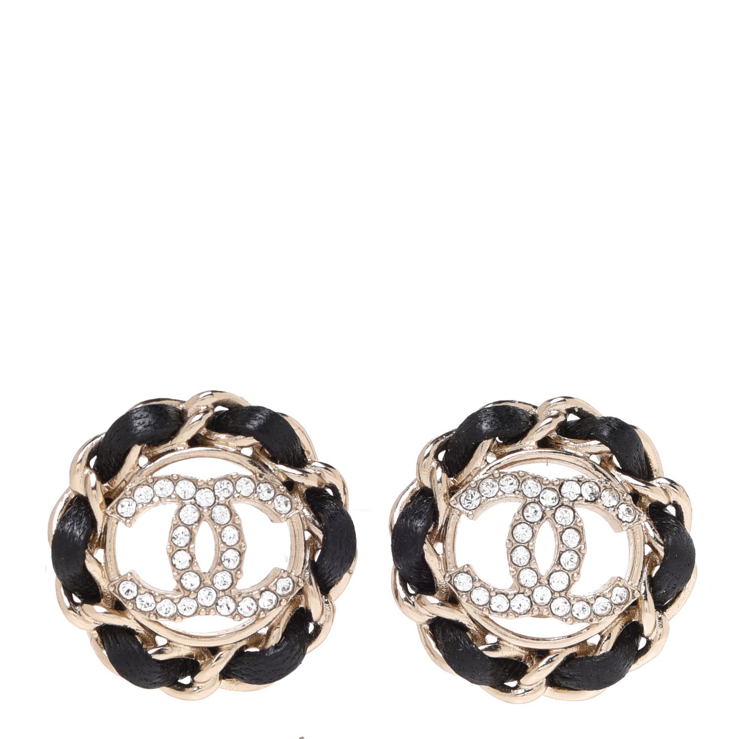 Chanel Crystal Lambskin Chain CC Stud Earrings Black Gold 1 of 5