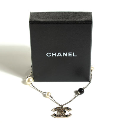 Chanel Pearl Beaded CC Necklace Black Silver 4 of 5