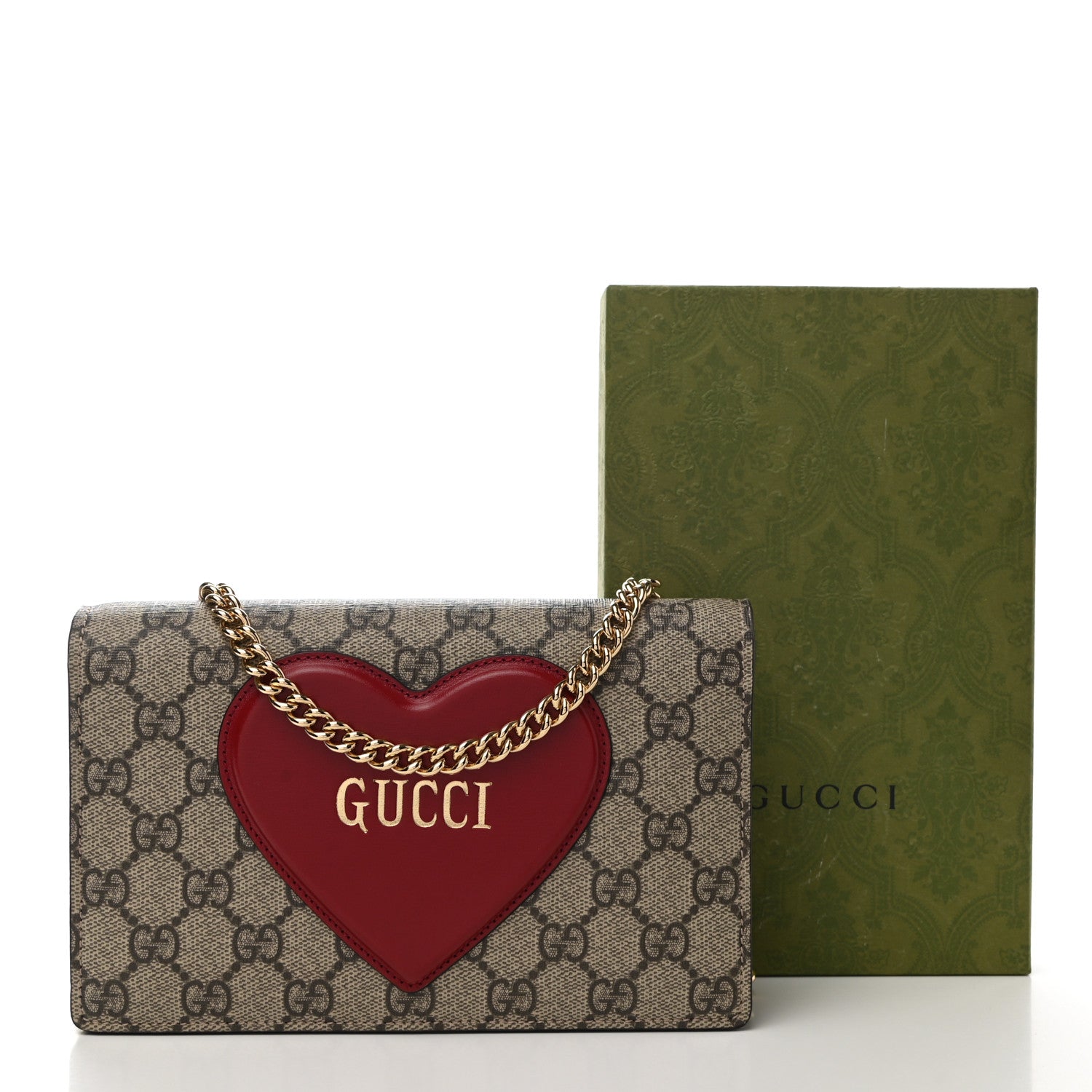 Gucci GG Supreme Monogram Script Logo Heart Wallet on Chain Beige Brown 10 of 10