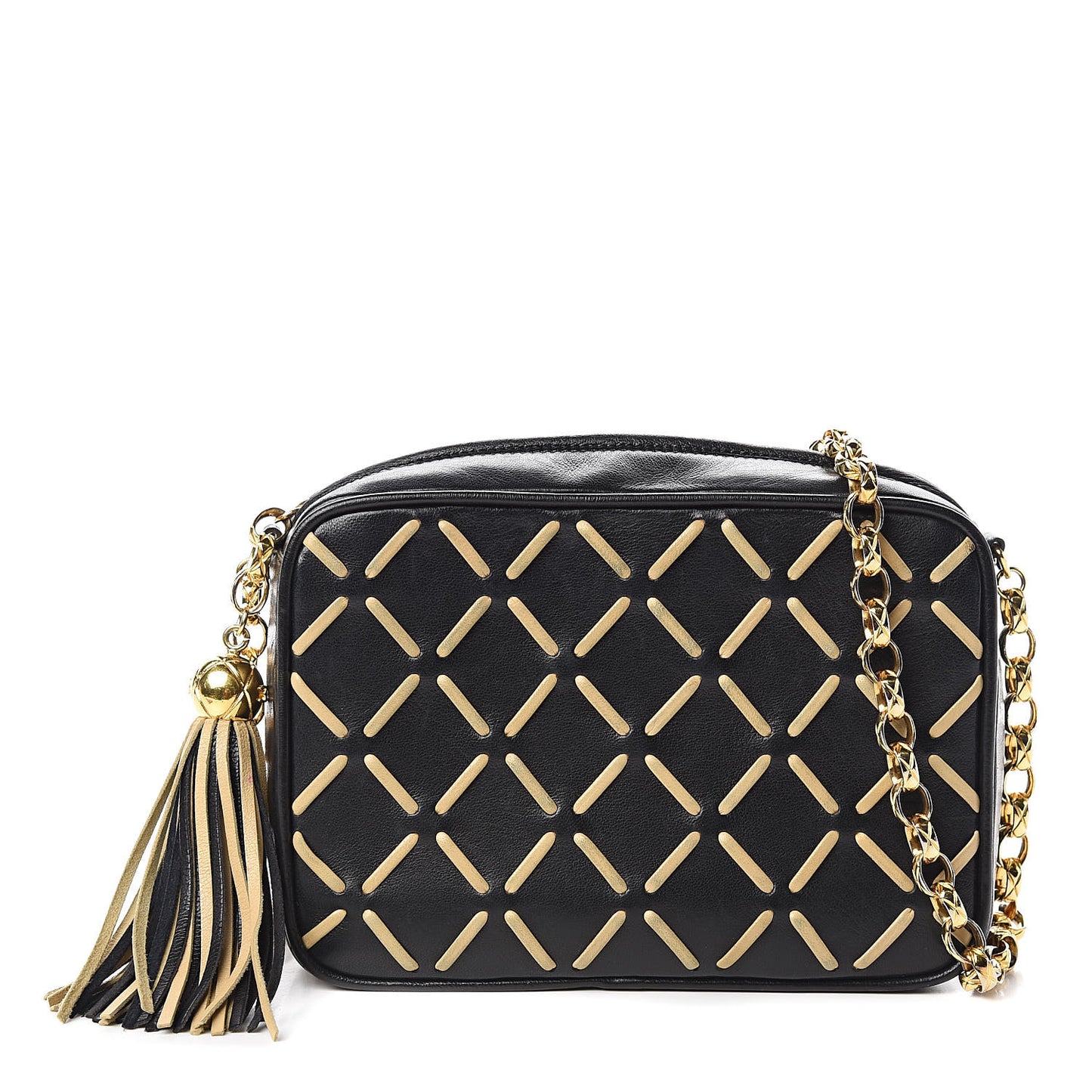 Lambskin Stitched Tassel Camera Case Black Beige