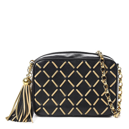 Chanel Lambskin Stitched Tassel Camera Case Black Beige 1 of 13