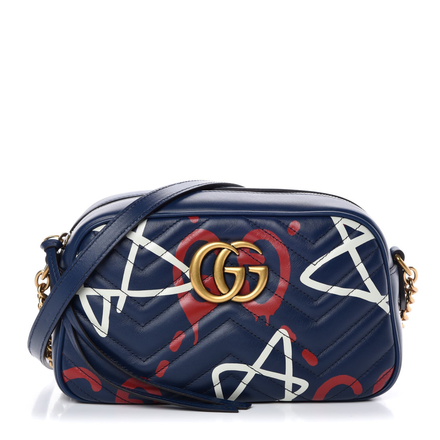 Gucci Calfskin Matelasse GucciGhost Small GG Marmont Chain Shoulder Bag Blue Agata Hibiscus Red 1 of 11