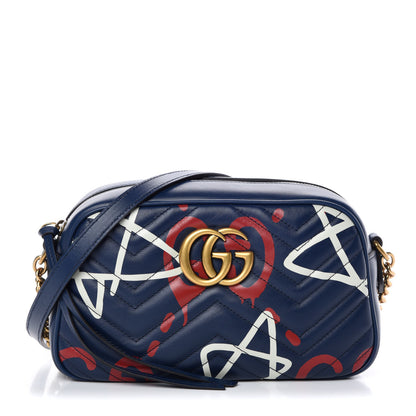 Gucci Calfskin Matelasse GucciGhost Small GG Marmont Chain Shoulder Bag Blue Agata Hibiscus Red 1 of 11