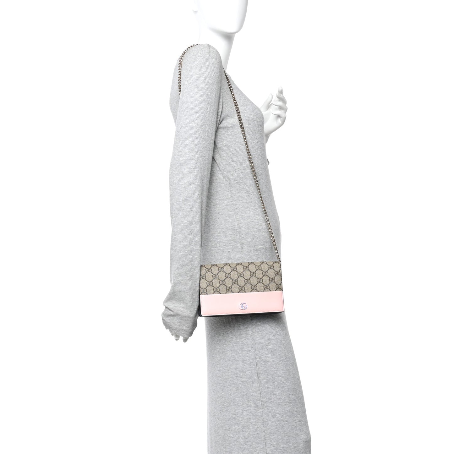 GG Supreme Monogram Textured Dollar Calfskin Mini GG Marmont Chain Wallet Light Pink Blue Beige