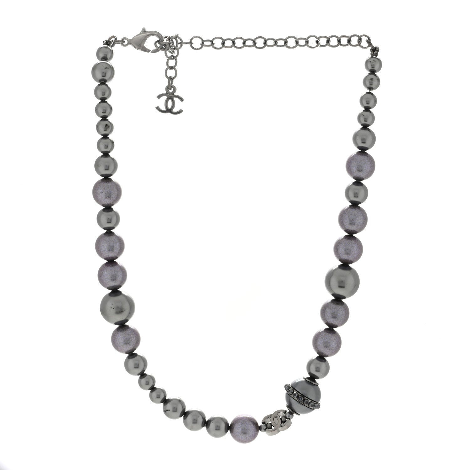 Chanel Pearl Crystal CC Choker Necklace Silver Grey 2 of 3