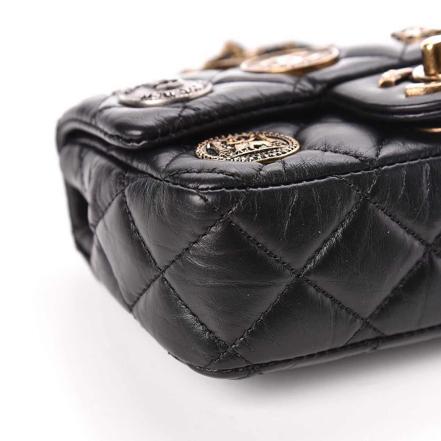 Aged Calfskin Quilted Extra Mini Medallion Flap Black