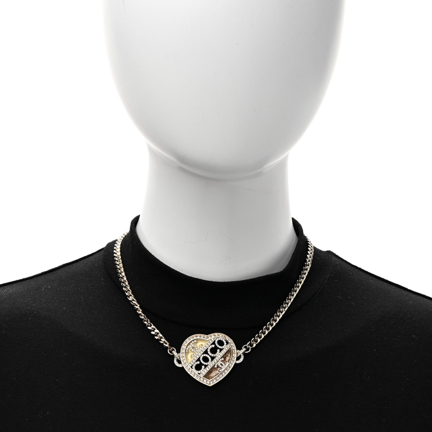 Chanel Crystal Crystal CC Coco Heart Necklace Gold 5 of 9