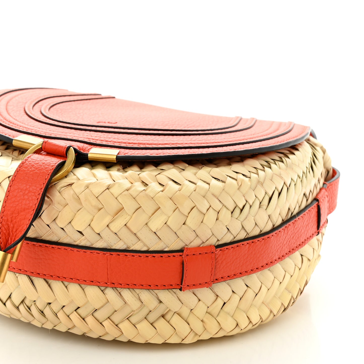 Grained Calfskin Palm Woven Small Marcie Basket Saddle Rusted Orange