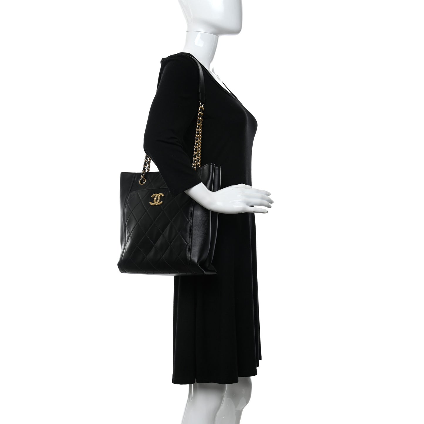 Calfskin Quilted CC Front Pocket Shopping Tote Black