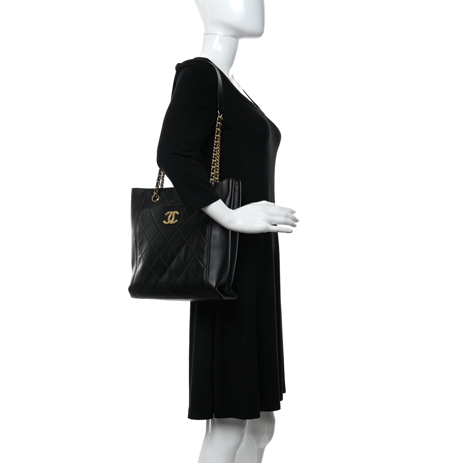 Chanel Calfskin Quilted CC Front Pocket Shopping Tote Black 2 of 9