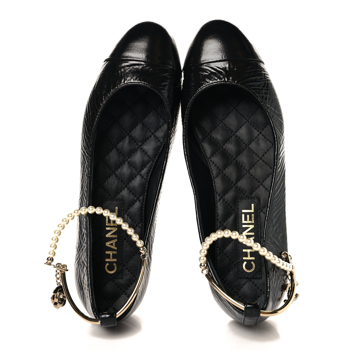 Chanel Patent Calfskin Cap Toe Ankle Chain Ballerina Flats 38 Black 2 of 9