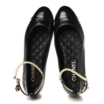 Chanel Patent Calfskin Cap Toe Ankle Chain Ballerina Flats 38 Black 2 of 9