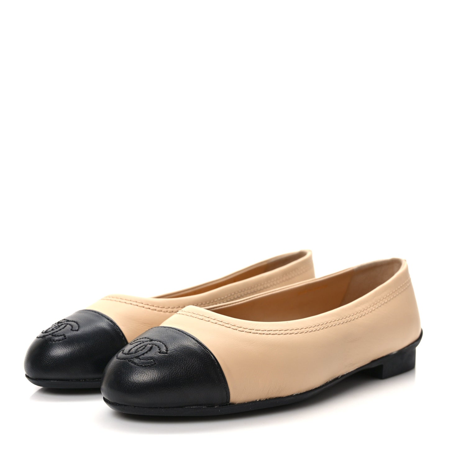 Lambskin Cap Toe CC Uniform Ballerina Flats 35.5 Beige Black