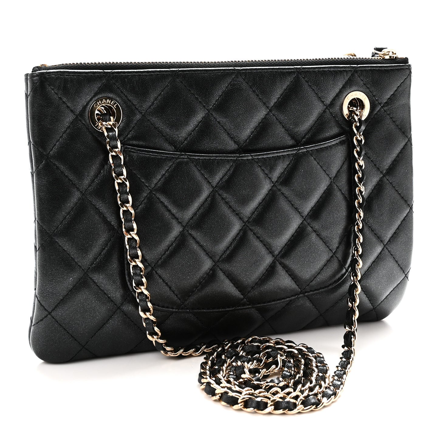 Shiny Lambskin Quilted Medium Double Case With Strap Black