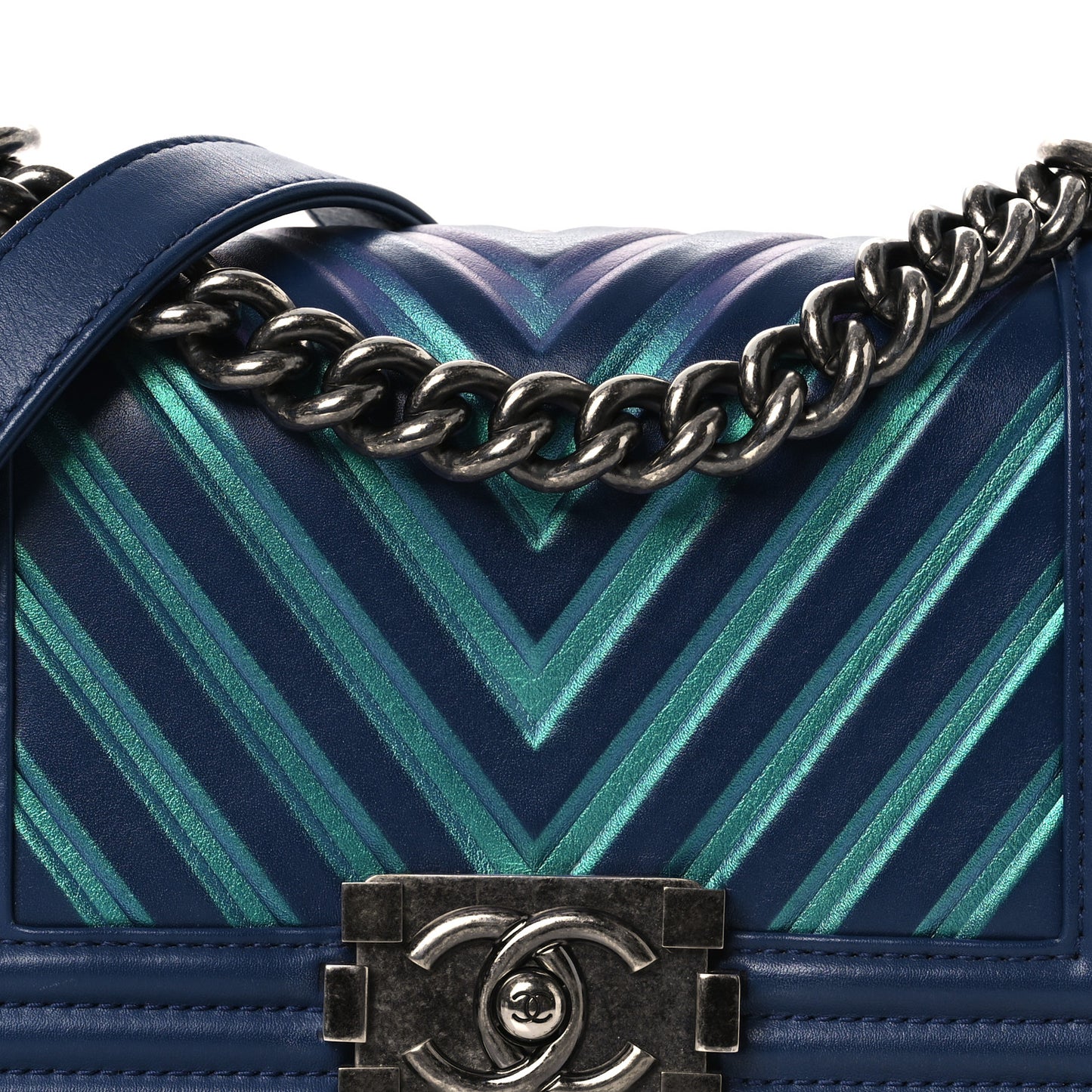 Calfskin Painted Chevron Embossed Small Boy Flap Dark Blue