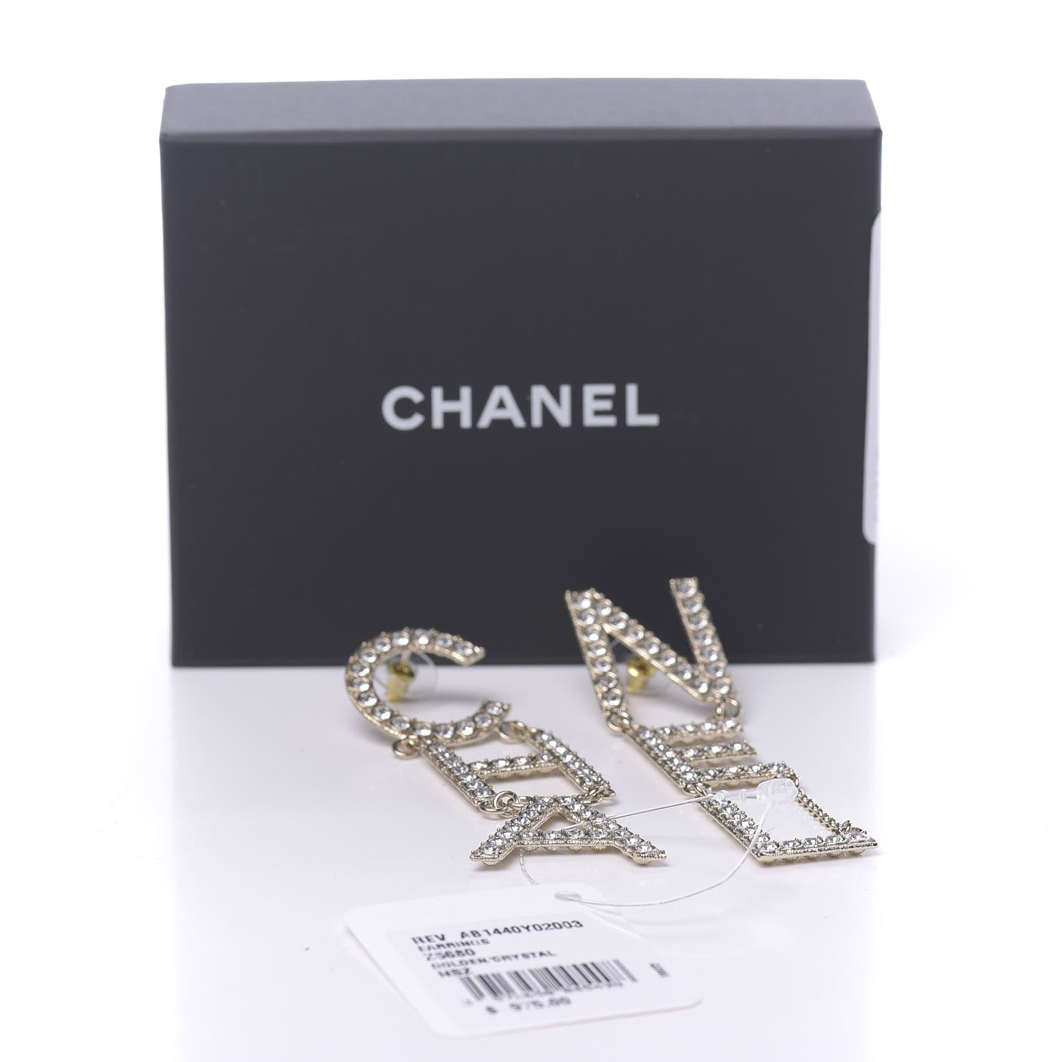Chanel Crystal Cha-Nel Logo Drop Earrings Gold 5 of 5