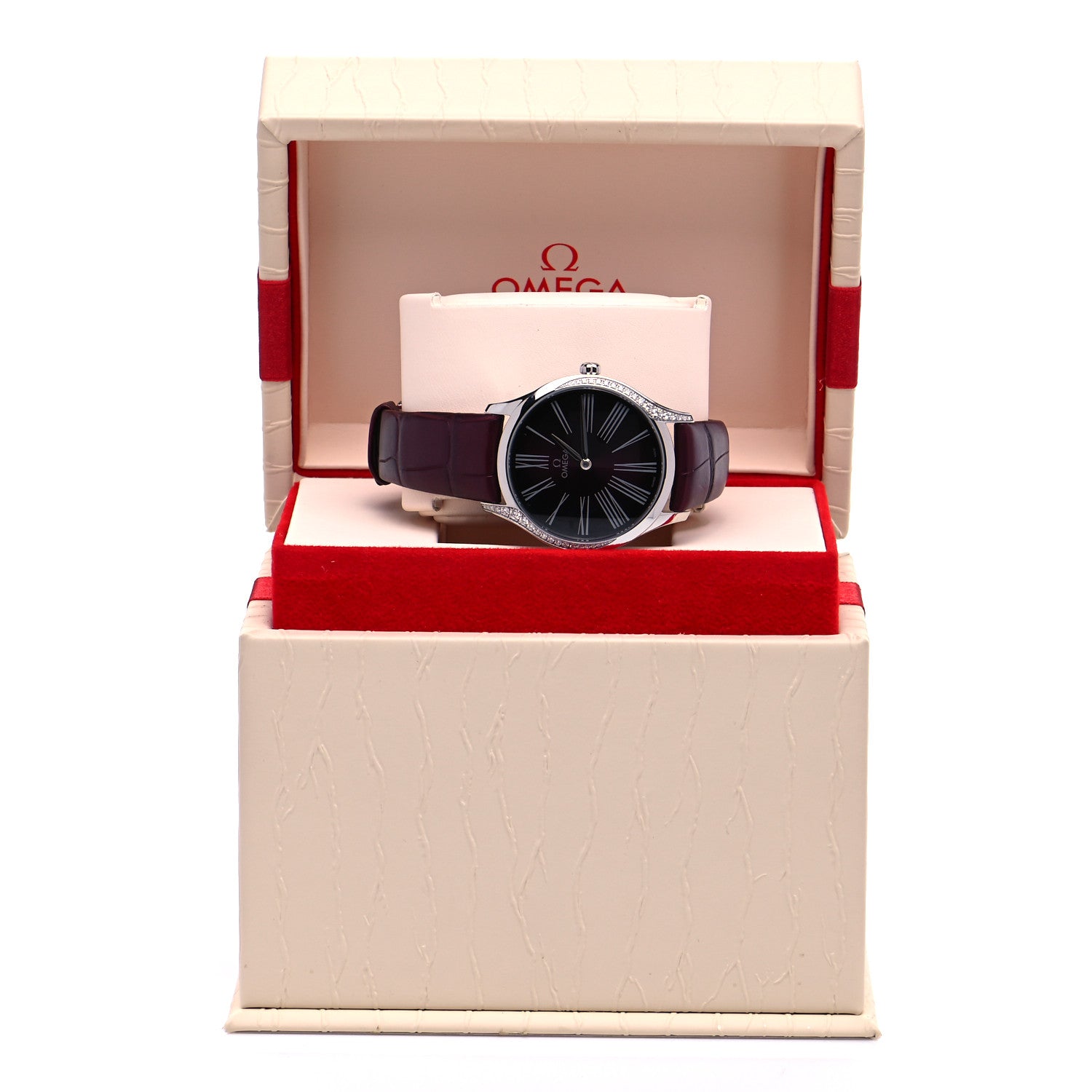 Omega Stainless Steel Crocodile Diamond 36mm De Ville Tresor Quartz Watch Burgundy 428.18.36.60.11.001 5 of 5